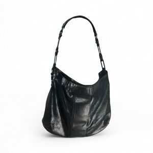Tory Burch Black Crackled Leather Hobo Bag Gunmetal Hardware